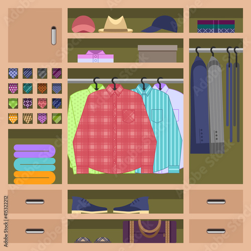 Man's wardrobe inside with everyday mans clothes hanging on hangrails. Closet filled with mans shirts, sweaters, ties, shoes and accessories. Flat style vector illustration.