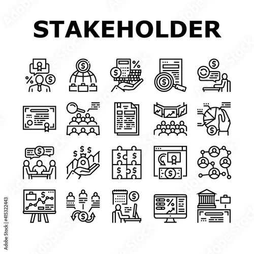 Stakeholder Business Collection Icons Set Vector. Stakeholder Meeting With Investor And Trade Union, Credit And Dividends, Stock And Bidding Black Contour Illustrations
