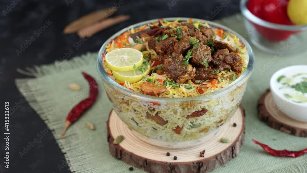 Mutton Gosht Biryani Spicy Indian Malabar lamb meat biryani Hyderabadi