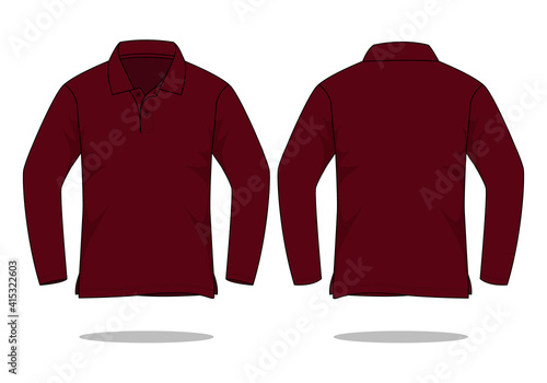 Blank Crimson Long Sleeve Polo Shirt Vector For Template.Front And Back View.