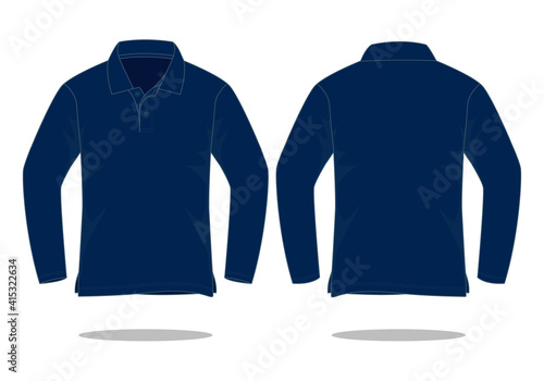 Blank Navy Blue Long Sleeve Polo Shirt Template on White Background. Front and Back Views, Vector File.