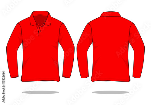 Blank Red Long Sleeve Polo Shirt Vector For Template.Front And Back View.