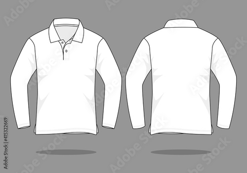 Blank White Long-Sleeve Polo Shirt Template on Gray Background. Front and Back Views, Vector File.