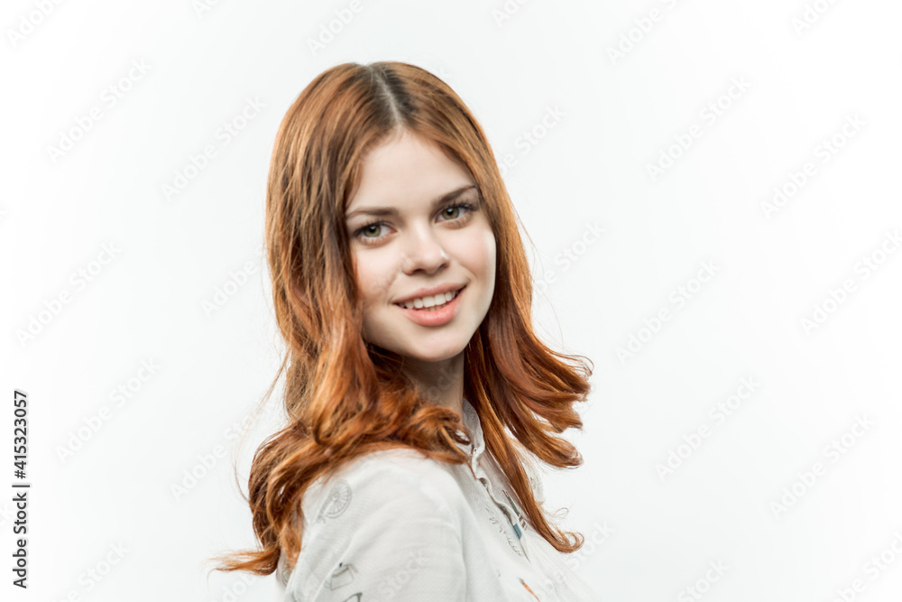 attractive red-haired woman cosmetics light background cropped view attractive red-haired woman cosmetics light background cropped view