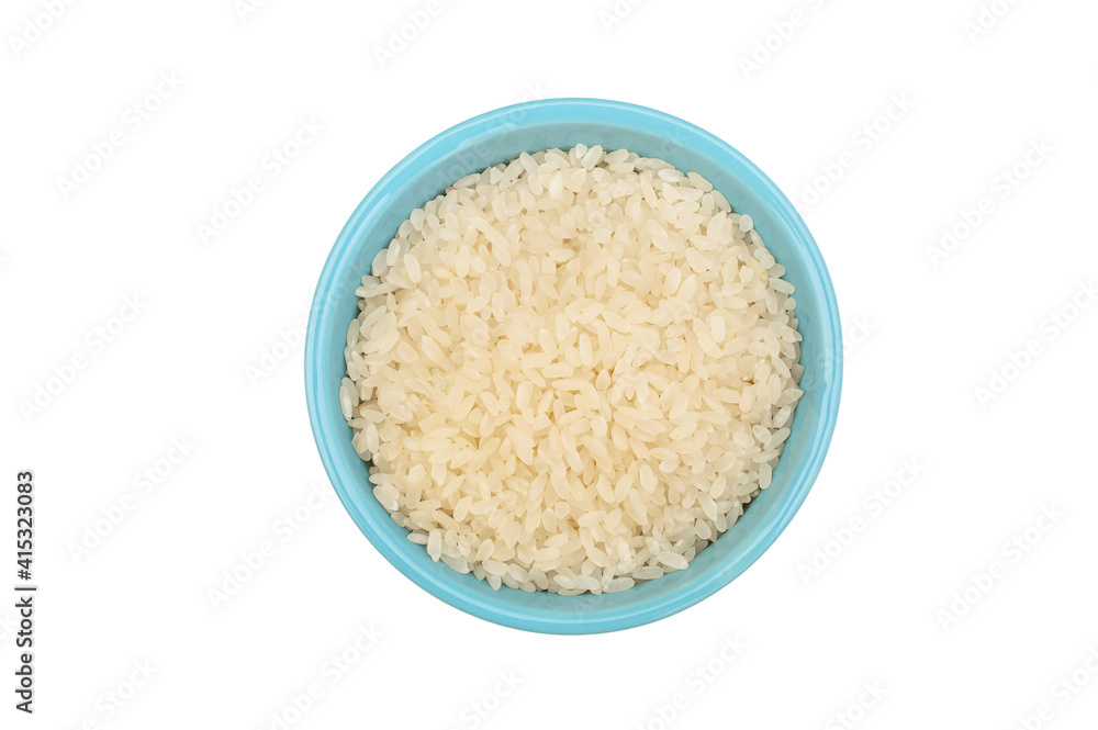 Small blue ceramic bowl with rice. Isolated on white. Top view. Small blue ceramic bowl with rice. Isolated on white. Top view.