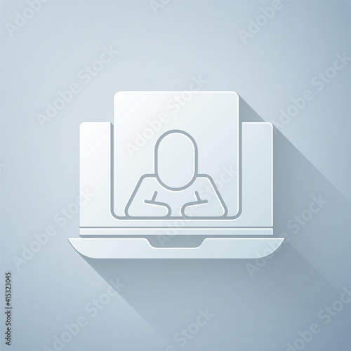 Paper cut Online psychological counseling distance icon isolated on grey background. Psychotherapy, psychological help, psychiatrist online consulting. Paper art style. Vector.