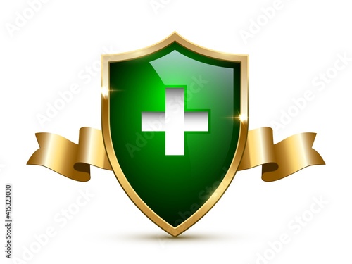 Glass gold shield with golden frame with cross sign and golden ribbon isolated on white. Vector clinic, medical or pharmaceutical logo.