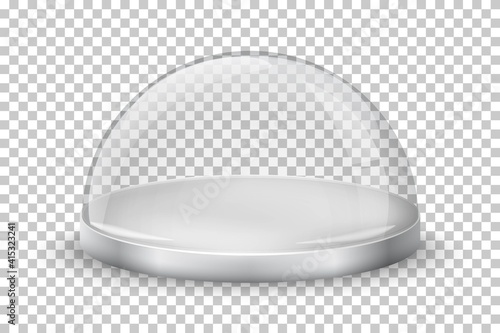 Glass dome on transparent background. Crystal case with round silver tray vector illustration. Empty realistic Christmas container, display or showcase for product presentation