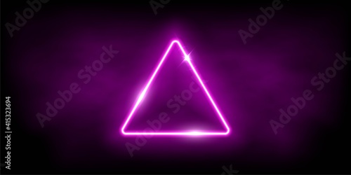 Glowing neon pink triangle with sparkles in fog abstract background. Electric light frame. Geometric fashion design vector illustration. Empty minimal art decoration