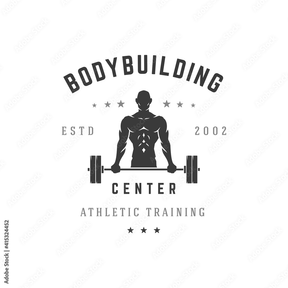 custom made wallpaper toronto digitalBodybuilding training center vector silhouette logo. Male athletic character lifts heavy black barbell while pumping muscle relief.