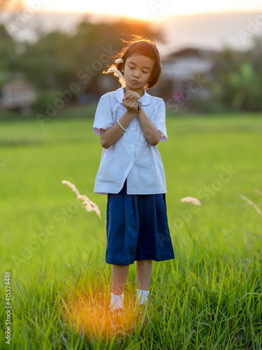 Children of student and wearing uniform playing in rice field on morning of countryside