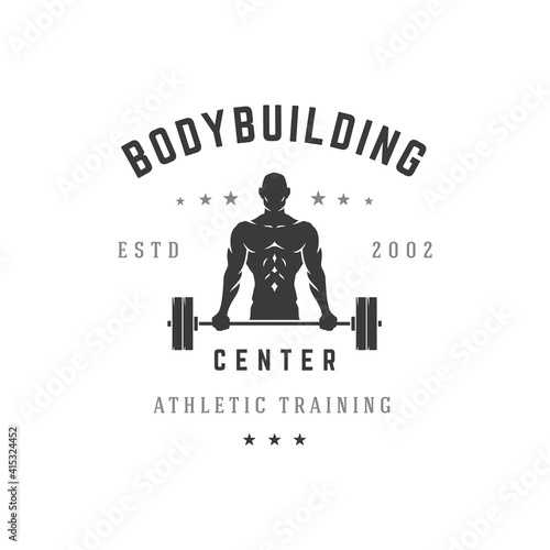 Bodybuilding training center vector silhouette logo. Male athletic character lifts heavy black barbell while pumping muscle relief.