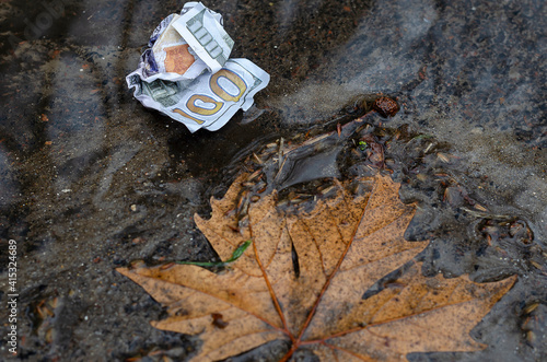 A crumpled $ 100 bill lies on the wet ground.
