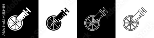Set Genetically modified citrus fruit icon isolated on black and white background. Orange in a cut. Healthy lifestyle. GMO fruit. Vector.