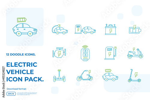 Electric Car doodle icons set. Electrical vehicle charging station service. eco battery energy refueling sign symbols vector illustration