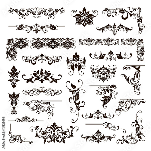 Ornamental design lace borders and corners Vector set art deco floral ornaments elements