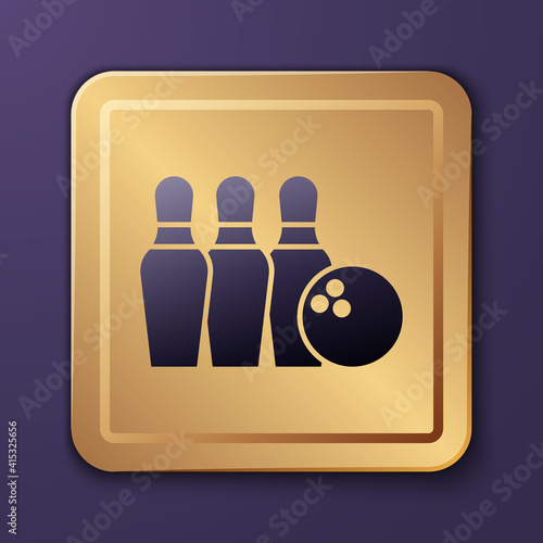 Purple Bowling pin and ball icon isolated on purple background. Sport equipment. Gold square button. Vector.