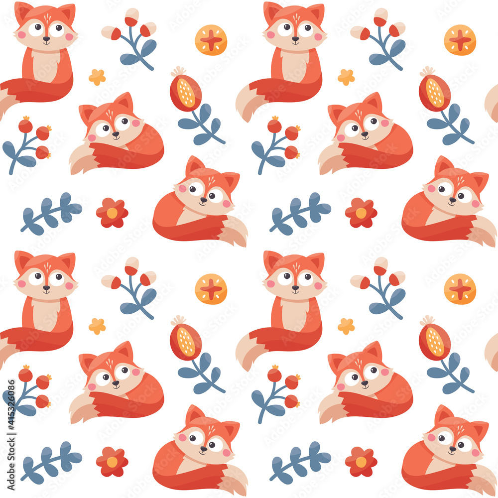 Seamless cute vector animal and floral patern with foxes, flowers, plants, berries