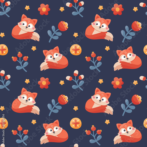 Seamless cute vector animal and floral patern with foxes  flowers  plants  berries
