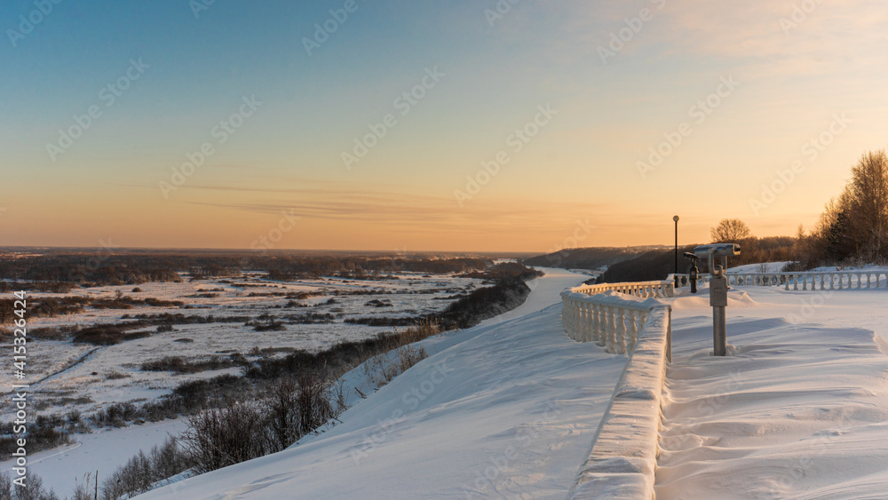 Crown. View from the hill. Winter landscape. The Klyazma River.