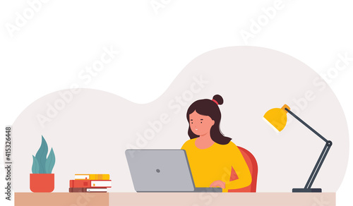 Woman in business activity sitting on chair working on laptop online. Student to study at computer, write journal.