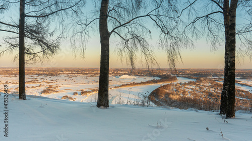 Crown. View from the hill. Winter landscape. The Klyazma River.