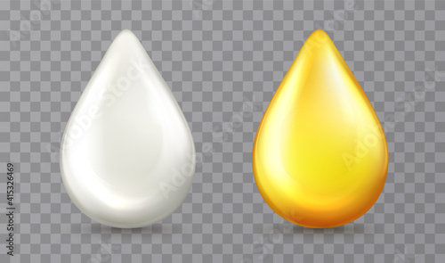 Drop of oil, cream on a transparent background. Golden drop honey, liquid vitamin, machine oil, cosmetic or milk vitamin white bubble.