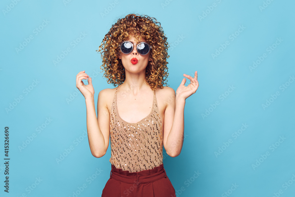 Charming model Curly hair red lips dark glasses attractive look Charming model Curly hair red lips dark glasses attractive look