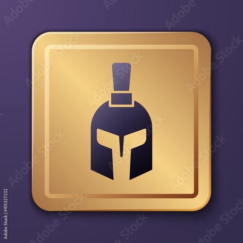 Purple Greek helmet icon isolated on purple background. Antiques helmet for head protection soldiers with a crest of feathers or horsehair. Gold square button. Vector.