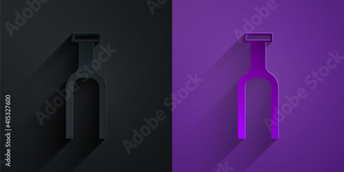 Paper cut Bicycle suspension fork icon isolated on black on purple background. Sport transportation spare part steering wheel. Paper art style. Vector.