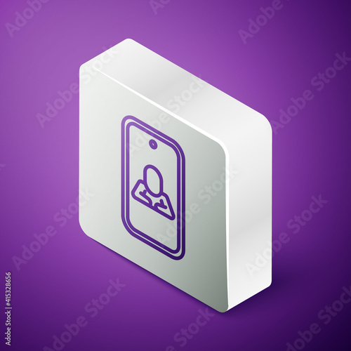 Isometric line Online psychological counseling distance icon isolated on purple background. Psychotherapy, psychological help, psychiatrist online consulting. Silver square button. Vector.