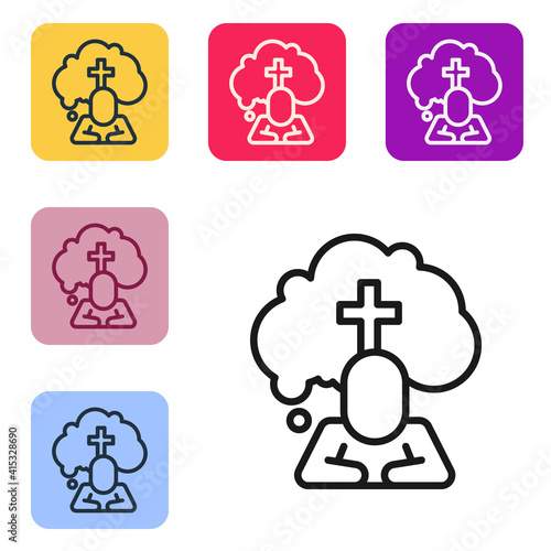 Black line Man graves funeral sorrow icon isolated on white background. The emotion of grief, sadness, sorrow, death. Set icons in color square buttons. Vector.