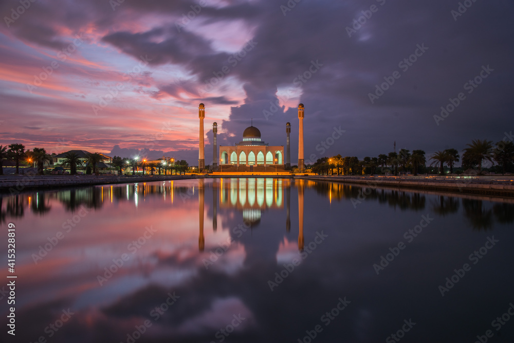 Landscape of beautiful sunset sky at Central Mosque, Songkhla province, Thailand