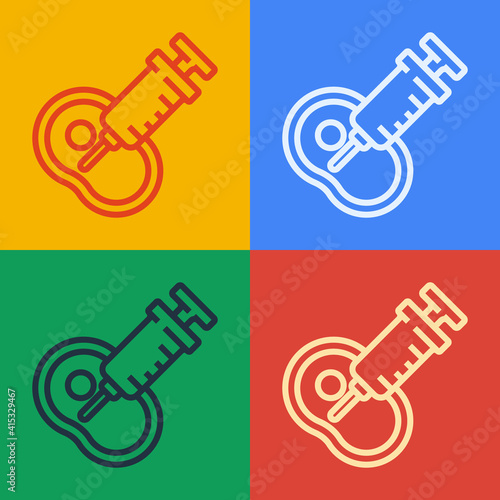 Pop art line Genetically modified meat icon isolated on color background. Syringe being injected to meat. Vector.