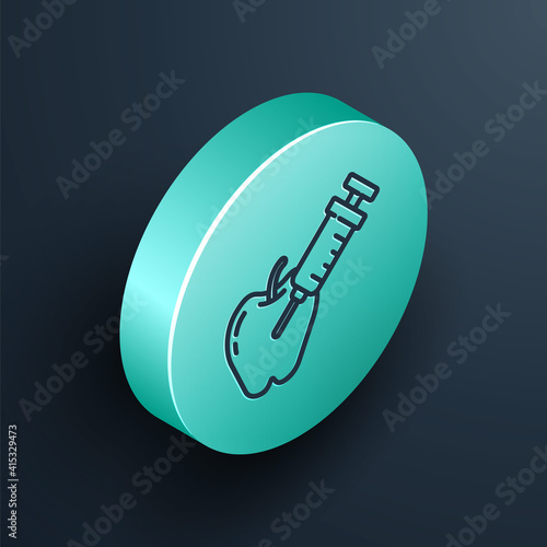 Isometric line Genetically modified apple icon isolated on black background. GMO fruit. Syringe being injected to apple. Turquoise circle button. Vector.