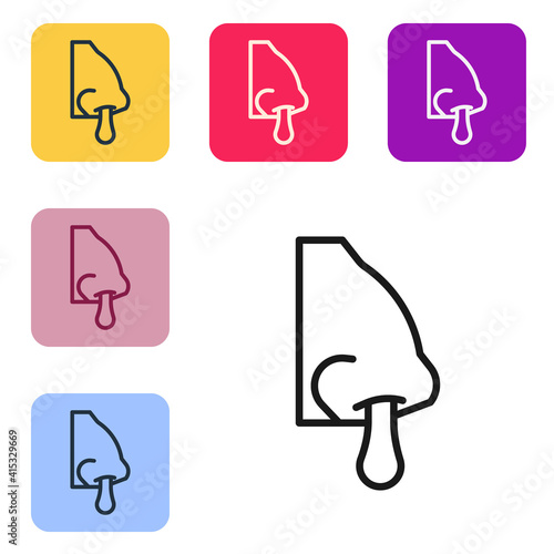 Black line Runny nose icon isolated on white background. Rhinitis symptoms, treatment. Nose and sneezing. Nasal diseases. Set icons in color square buttons. Vector.