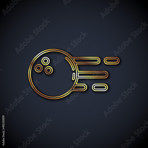 Gold line Bowling ball icon isolated on black background. Sport equipment. Vector.