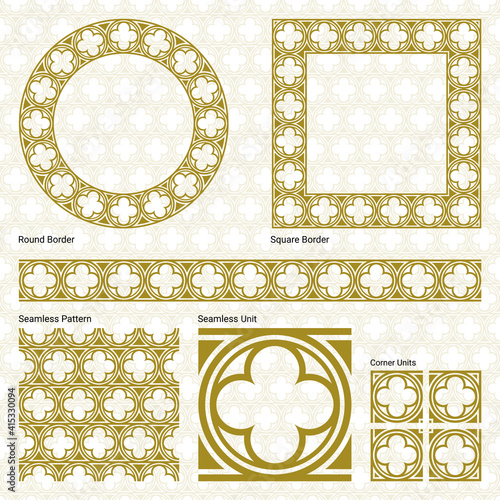 Ornament border, square frame, circle frame and a seamless Oriental pattern ( Vector gold Arabian, Islamic, and Geometric pattern style with seamless border).