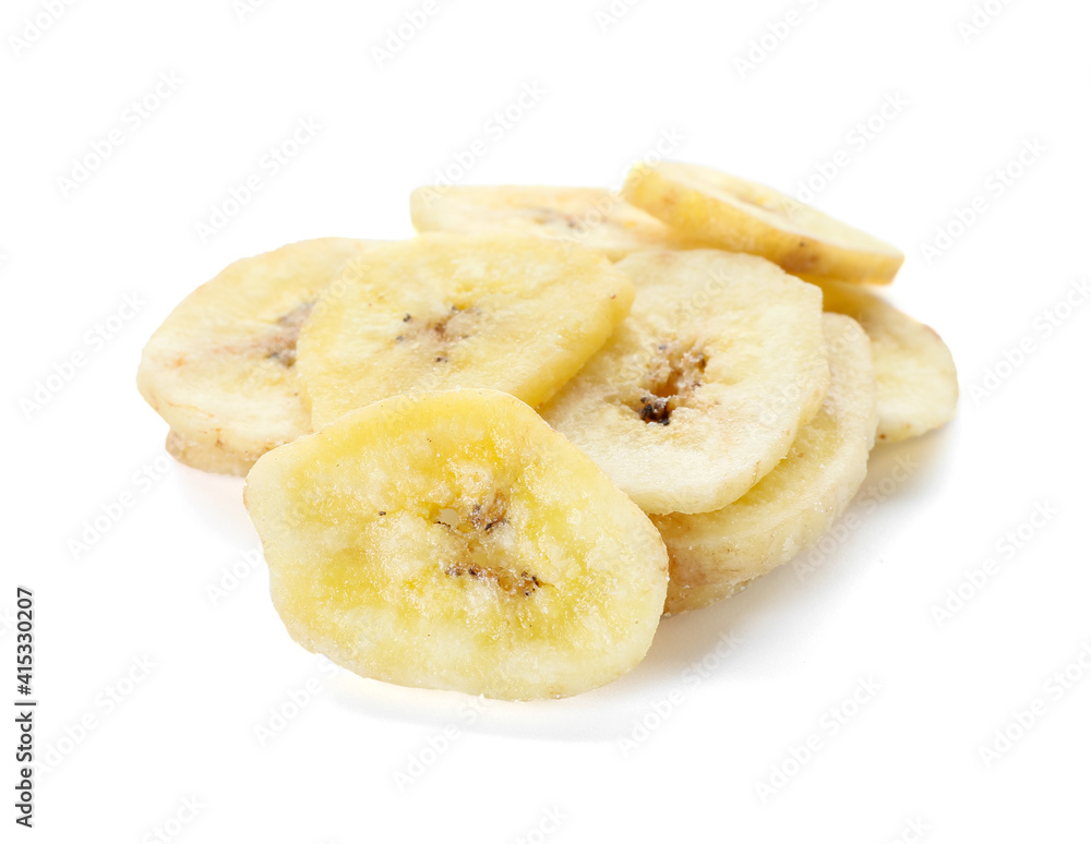 Crispy banana chips on white background Crispy banana chips on white background