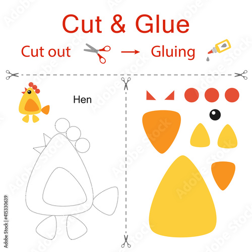 Cut and glue is the paper game for the development of preschool children. Cut parts of the image and glue on the paper. Chicken, hen. Vector illustration in flat style