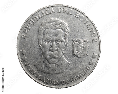 Ecuador twenty five centavos coin on a white isolated background