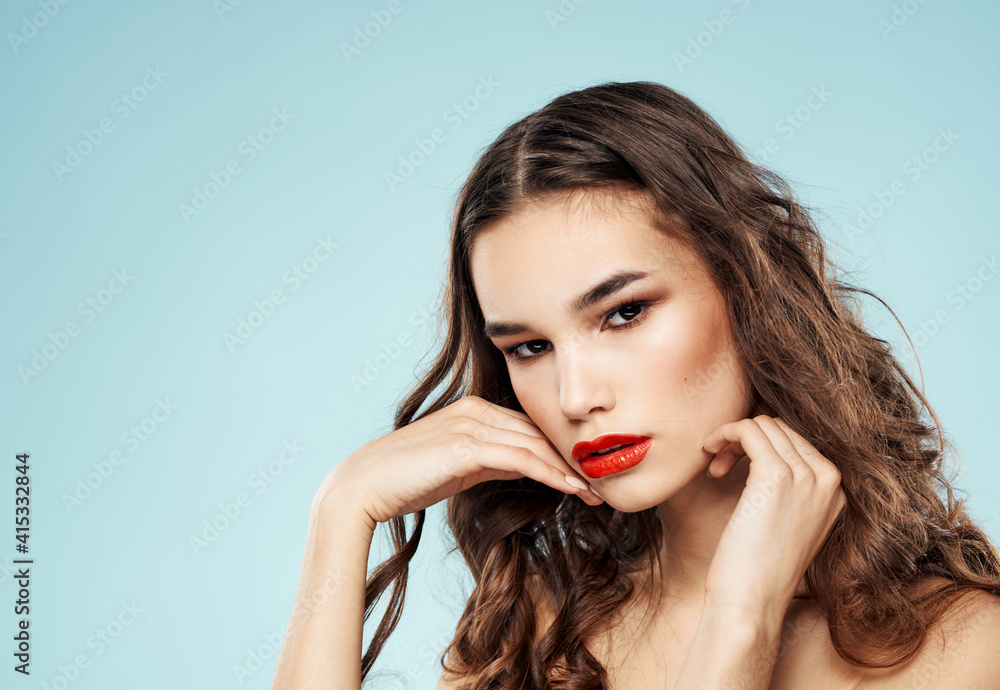 Beautiful brunette red lips bared shoulders sexy woman model Beautiful brunette red lips bared shoulders sexy woman model