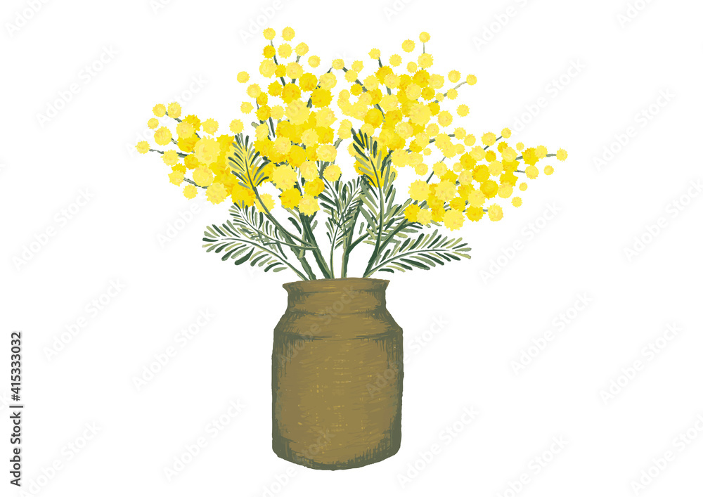 ミモザ　アカシア　レトロ　花瓶　春のイラスト　ドライフラワー　植物柄