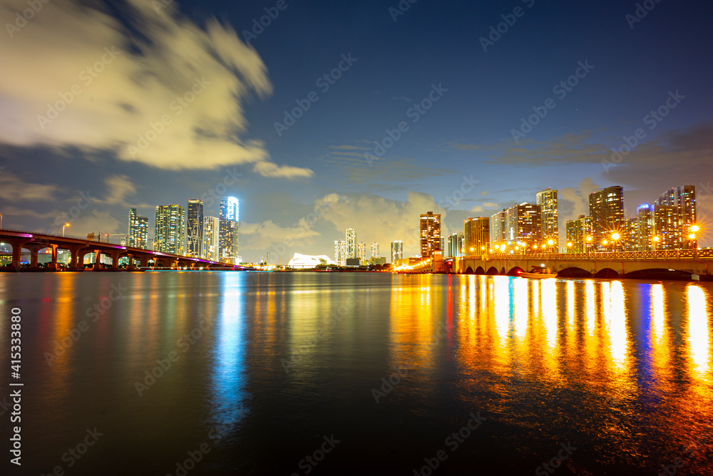 Florida Miami night city skyline. USA downtown skyscrappers landscape.