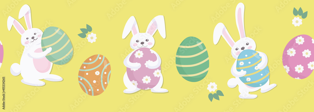 Easter seamless horizontal pattern in pastel colors. White cute bunnies with colored painted eggs. On a yellow background. Symbols of the religious holiday of Great Easter. Vector