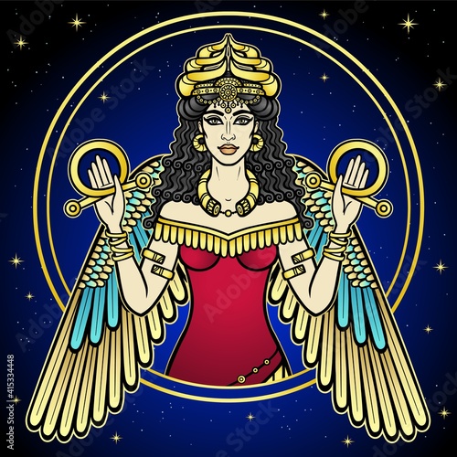 Cartoon color drawing: beautiful woman in a horned crown, a character in Assyrian mythology. Winged goddess. Ishtar, Astarta, Inanna. Vector illustration isolated on a dark background. photo