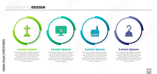 Set Tombstone with cross, Pumpkin, Castle and Pirate hook. Business infographic template. Vector.