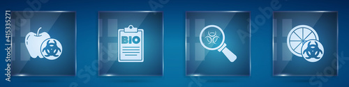 Set Genetically modified apple, Document for bio healthy food, Biohazard and magnifying glass and orange. Square glass panels. Vector.