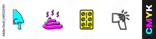 Set Runny nose, Shit, Pills in blister pack and Joint pain, knee pain icon. Vector.
