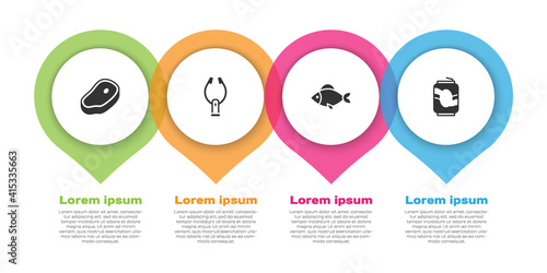 Set Steak meat, Meat tongs, Fish and Soda can. Business infographic template. Vector.